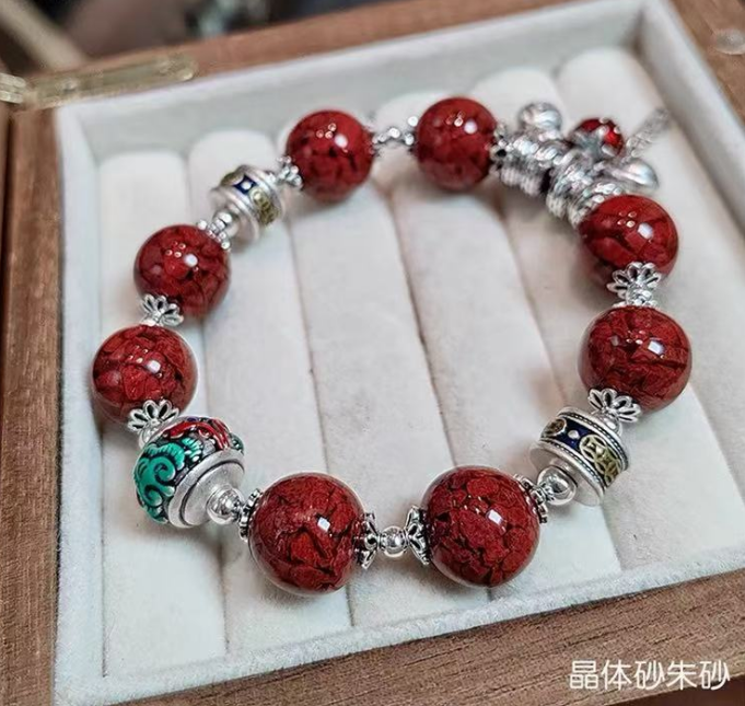 Natural cinnabar 999 sterling silver bracelet