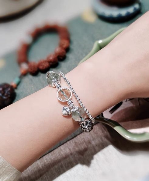 Natural crystal green ghost multi-treasure bracelet female niche retro 925 sterling silver stacking light luxury bracel