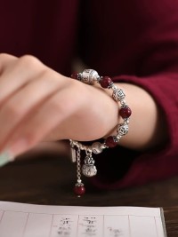 Genuine 999 Sterling Silver Lucky Bag Bracelet Womens Retro Ethnic Style Words Lucky Beads Cinnabar Bracelet