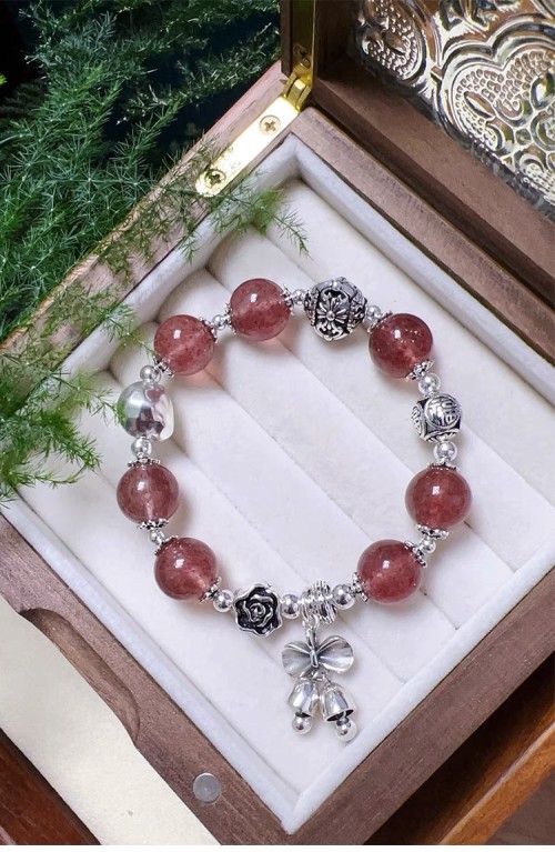Natural crystal peach blossom bow bell sterling silver bracelet (multi-loop and single loop)