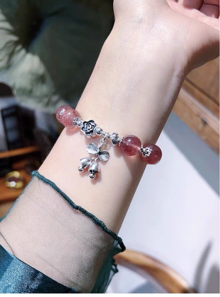 Natural crystal peach blossom bow bell sterling silver bracelet (multi-loop and single loop)