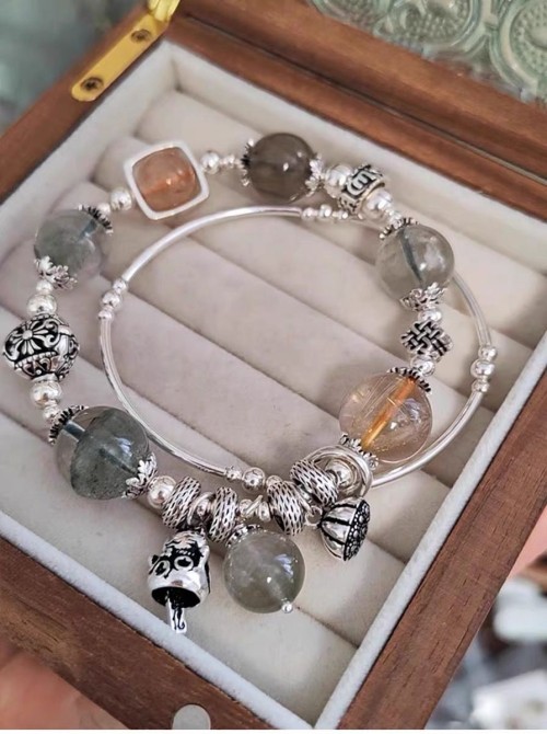 Natural crystal green ghost multi-treasure bracelet female niche retro 925 sterling silver stacking light luxury bracel