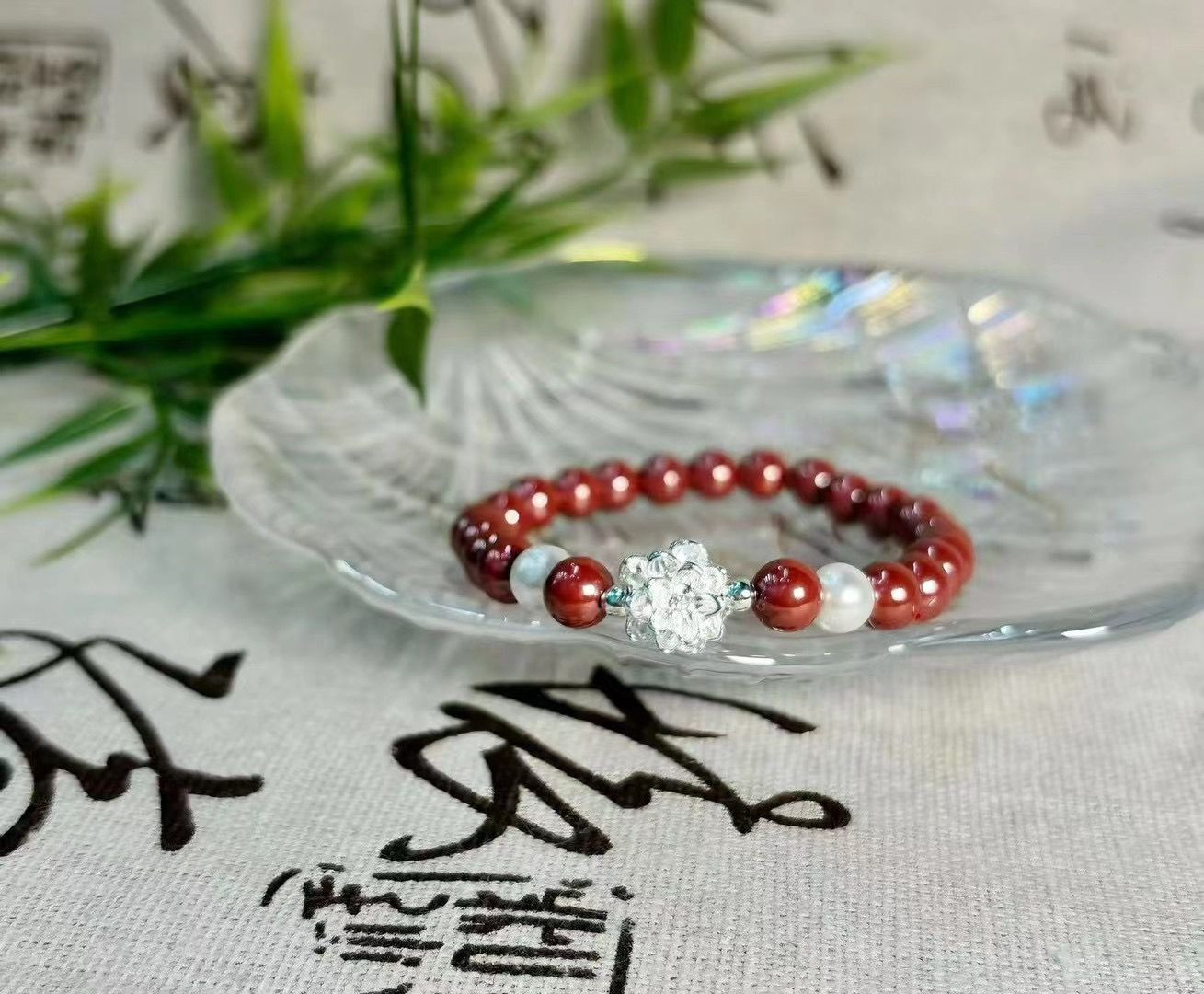 Womens genuine cinnabar lucky beads pure silver bracelet with flowers blooming and prosperity