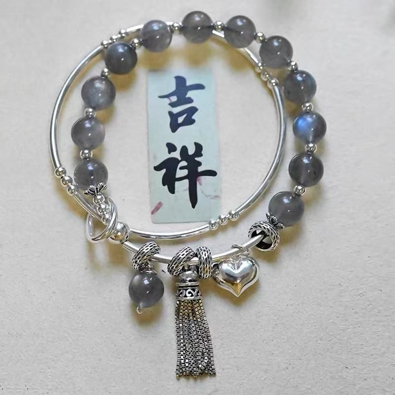 Gray Moonstone Crystal Double Circle Bracelet Womens Sterling Silver Stacking Retro Personality Tassel Pendant Multi-l