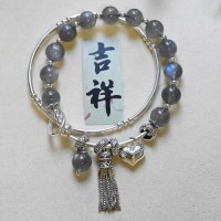 Gray Moonstone Crystal Double Circle Bracelet Womens Sterling Silver Stacking Retro Personality Tassel Pendant Multi-l