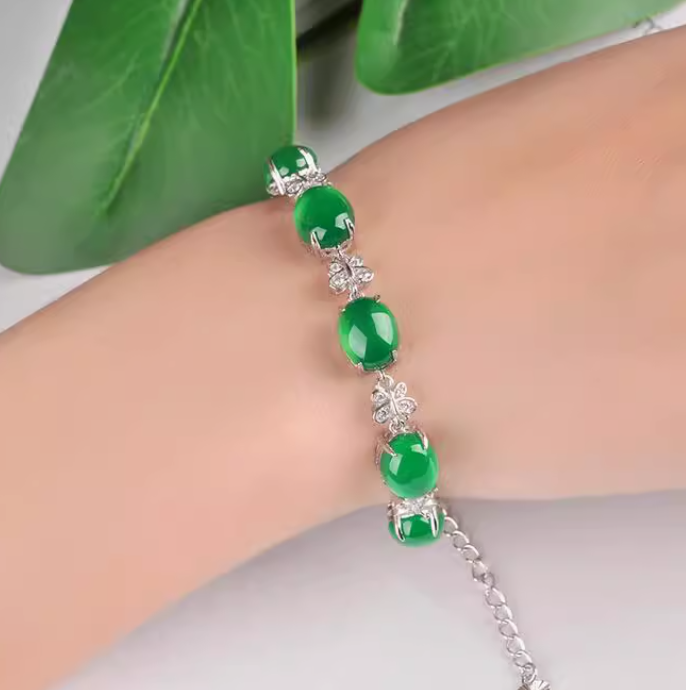 Natural ice green chalcedony silver inlaid bracelet