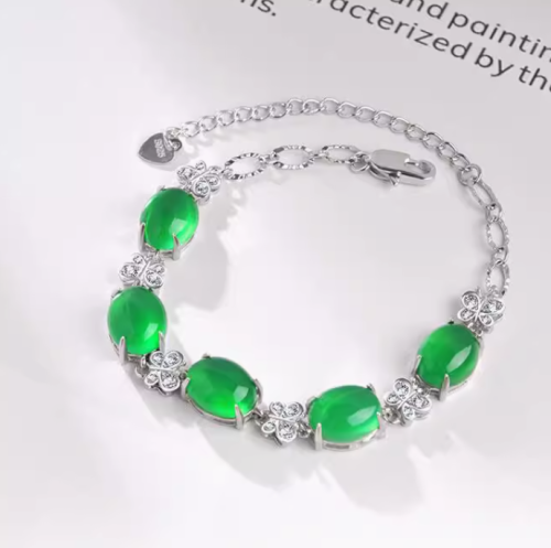 Natural ice green chalcedony silver inlaid bracelet