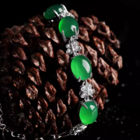 Natural ice green chalcedony silver inlaid bracelet