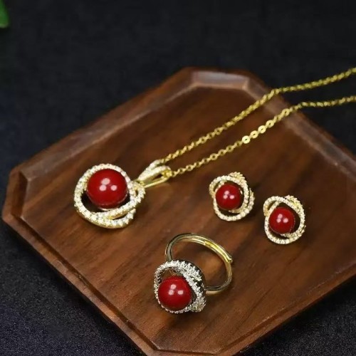 High-content purple gold cinnabar inlaid auspicious cloud necklace pendant ring earrings three-piece set