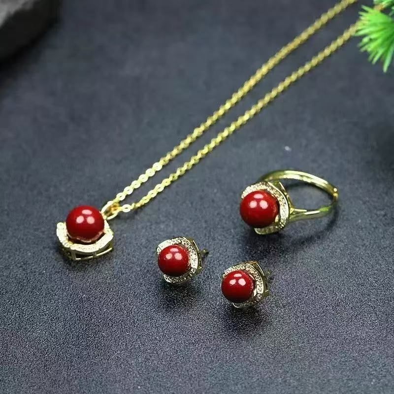 High-content purple gold cinnabar inlaid auspicious cloud necklace pendant ring earrings three-piece set