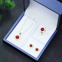 High-content purple gold cinnabar inlaid auspicious cloud necklace pendant ring earrings three-piece set