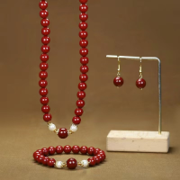 Natural cinnabar necklace bracelet earrings three-piece set